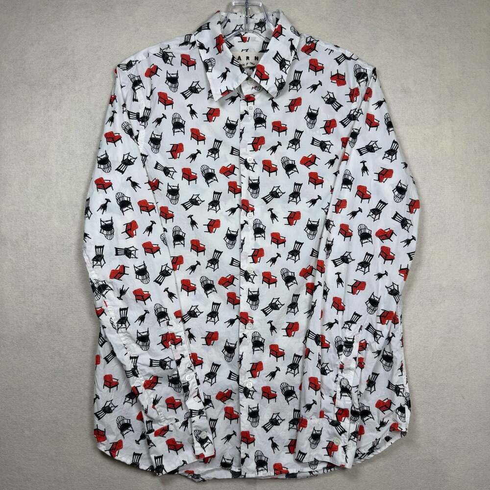 Marni Shirt Men's Size 48 White Red Black Chair Print Long Sleeve Button Down
